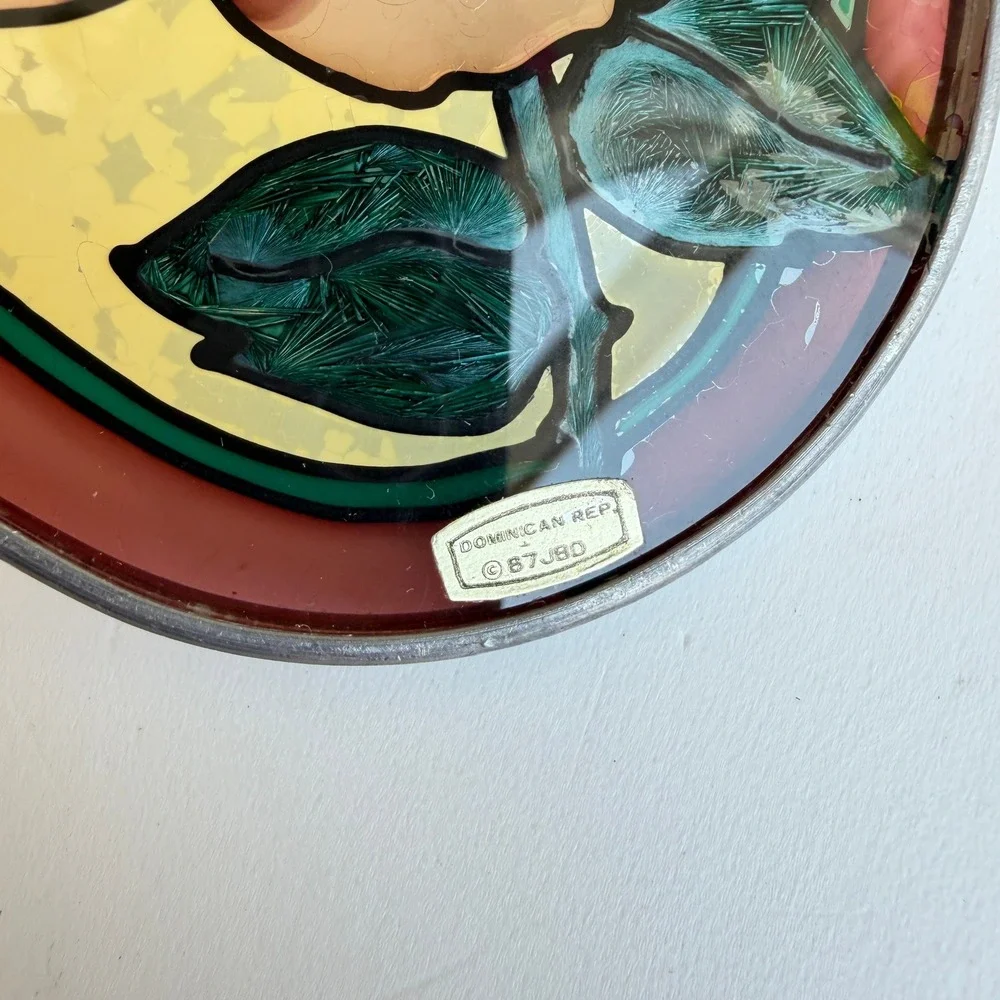 Vintage 1987 JBD Oval Rose Stained Glass Suncatcher Amber Burgundy Floral Art